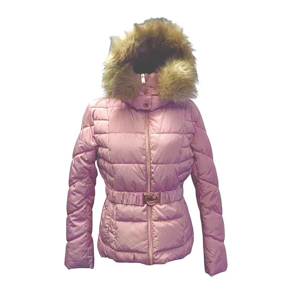 GUESS Hooded Puffer Coat Pink Belted Jacket Insulated Removable Fur - Picture 1 of 16